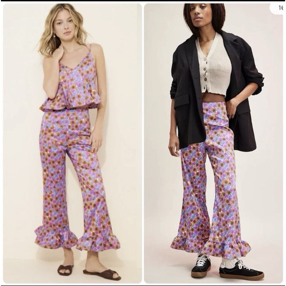Celia B Pants Womens XS Purple Floral Crepe Ruffle Hem Ankle Relaxed Leg Boho